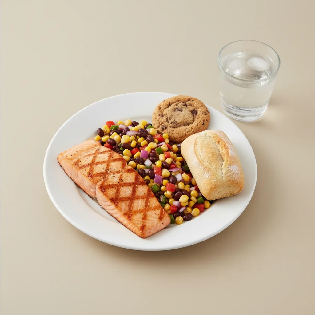 Grilled Salmon, Corn and Black Bean Salad, Cookie, Water Grilled Salmon, Corn and Black Bean Salad, Cookie, Water