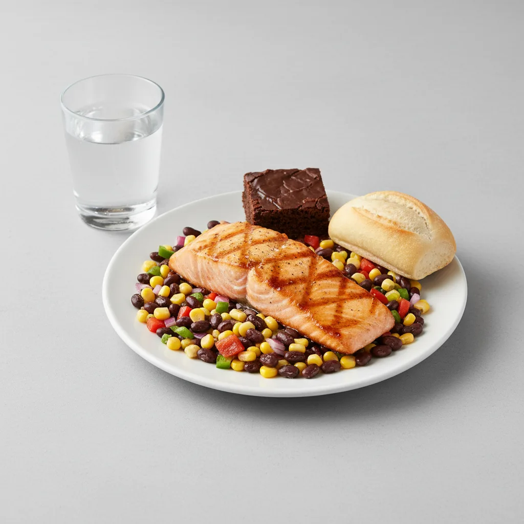 Grilled Salmon, Corn and Black Bean Salad, Brownie, Water Grilled Salmon, Corn and Black Bean Salad, Brownie, Water