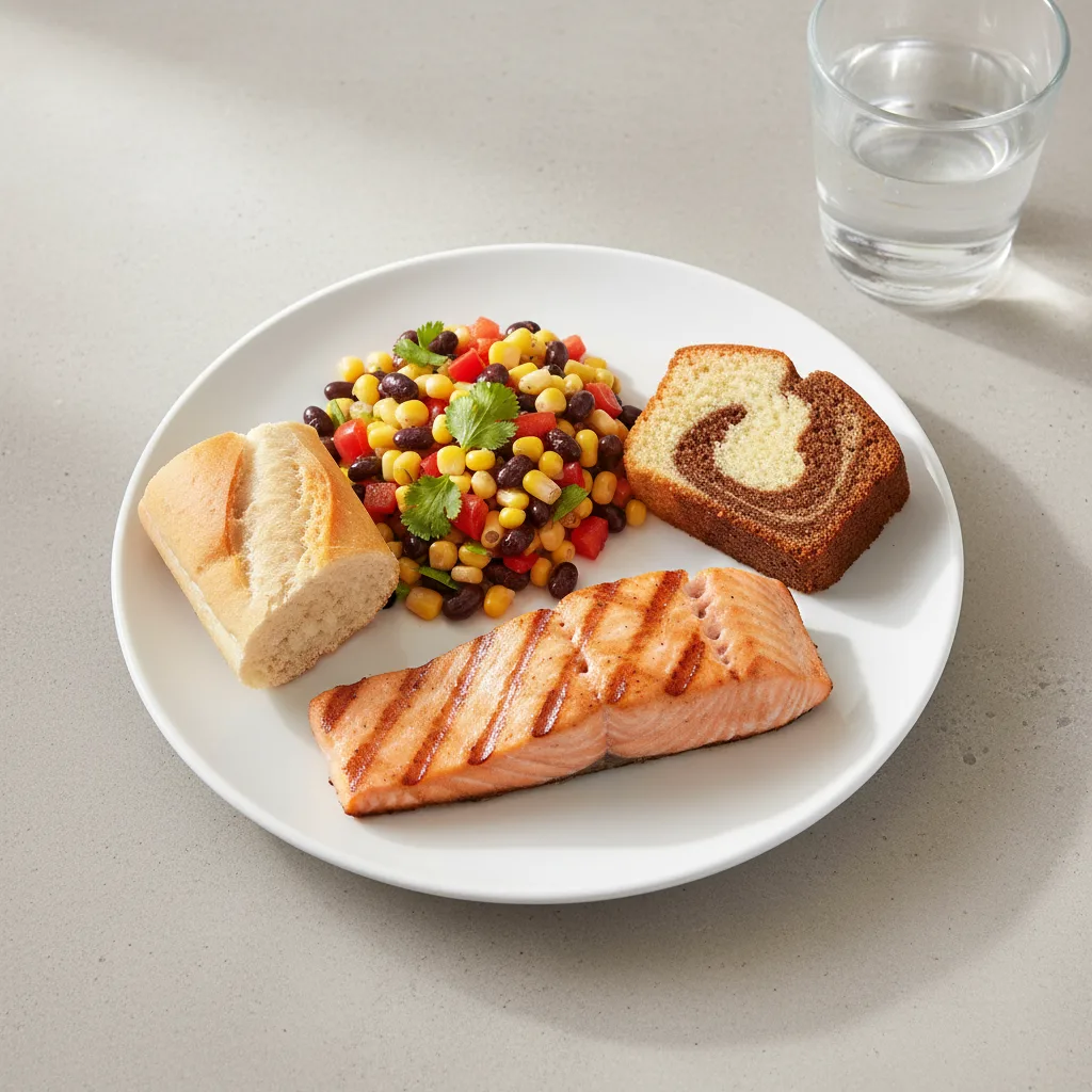 Grilled Salmon, Corn and Black Bean Salad, Poundcake, Water Grilled Salmon, Corn and Black Bean Salad, Poundcake, Water