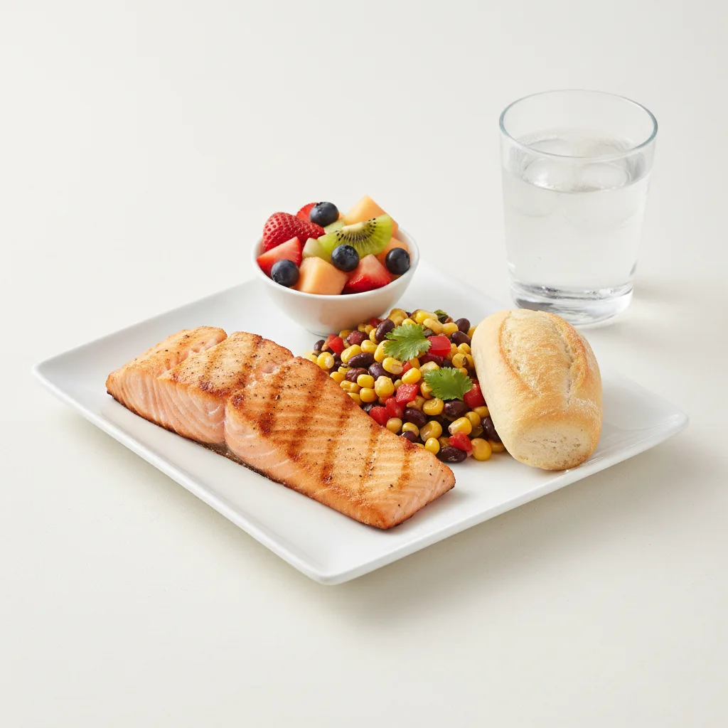 Grilled Salmon, Corn and Black Bean Salad, Fruit, Water Grilled Salmon, Corn and Black Bean Salad, Fruit, Water