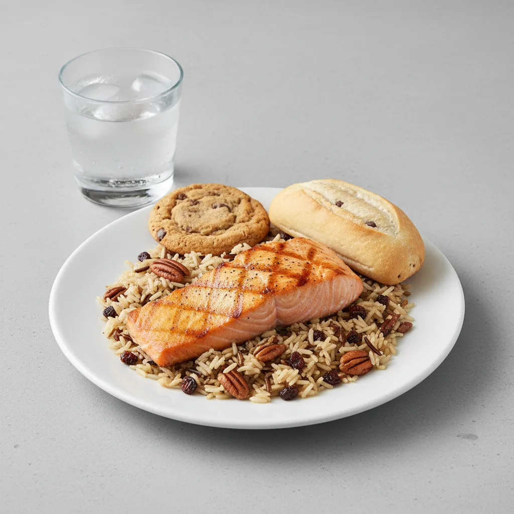 Grilled Salmon, Wild Rice with Pecans, Cookie, Water Grilled Salmon, Wild Rice with Pecans, Cookie, Water