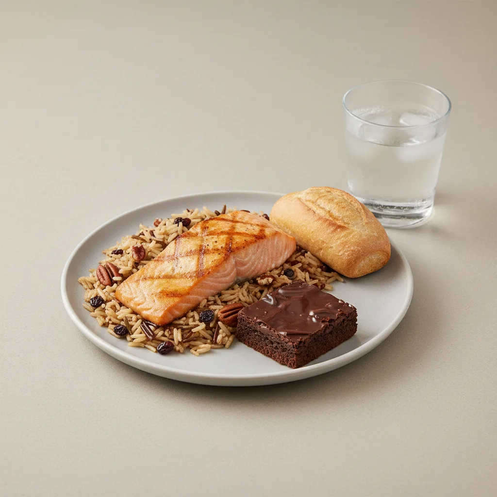 Grilled Salmon, Wild Rice with Pecans, Brownie, Water Grilled Salmon, Wild Rice with Pecans, Brownie, Water