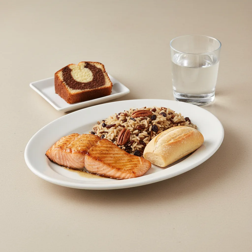 Grilled Salmon, Wild Rice with Pecans, Poundcake, Water Grilled Salmon, Wild Rice with Pecans, Poundcake, Water