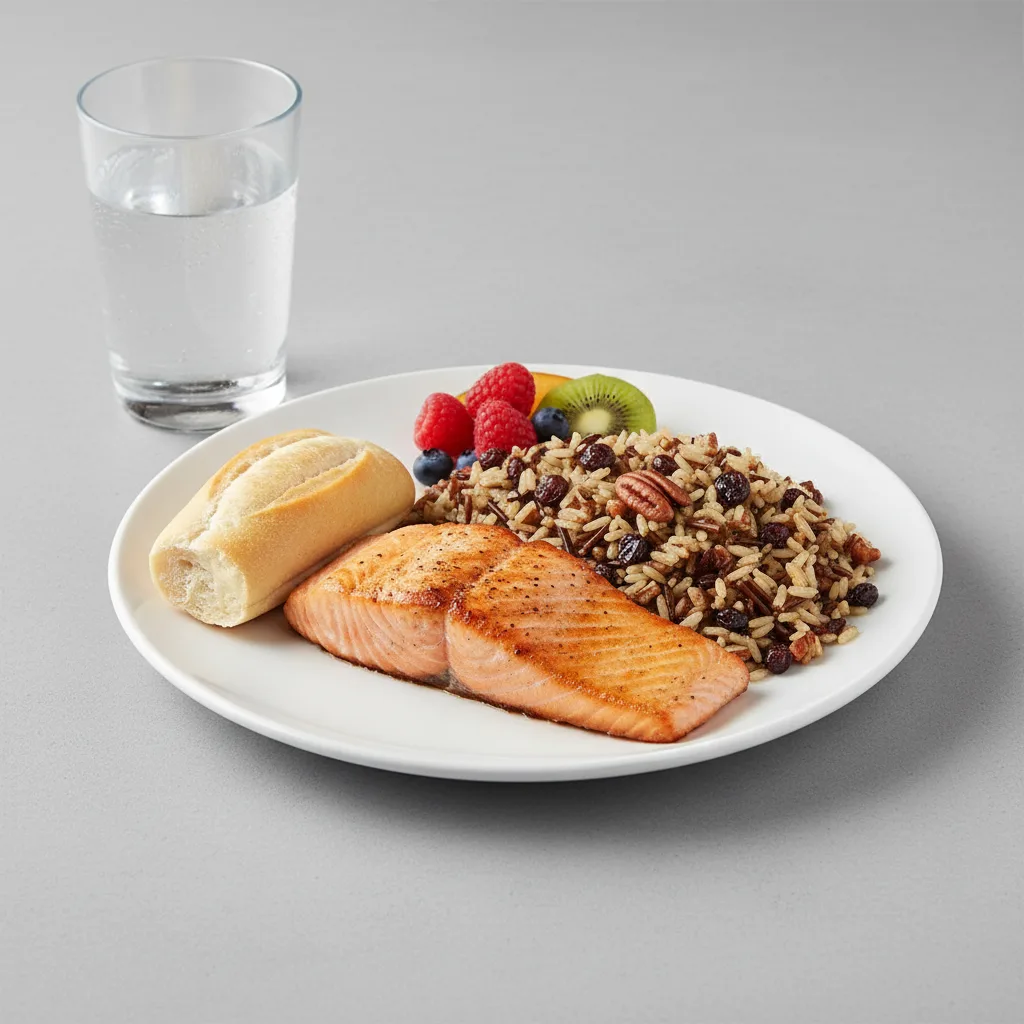 Grilled Salmon, Wild Rice with Pecans, Fruit, Water Grilled Salmon, Wild Rice with Pecans, Fruit, Water