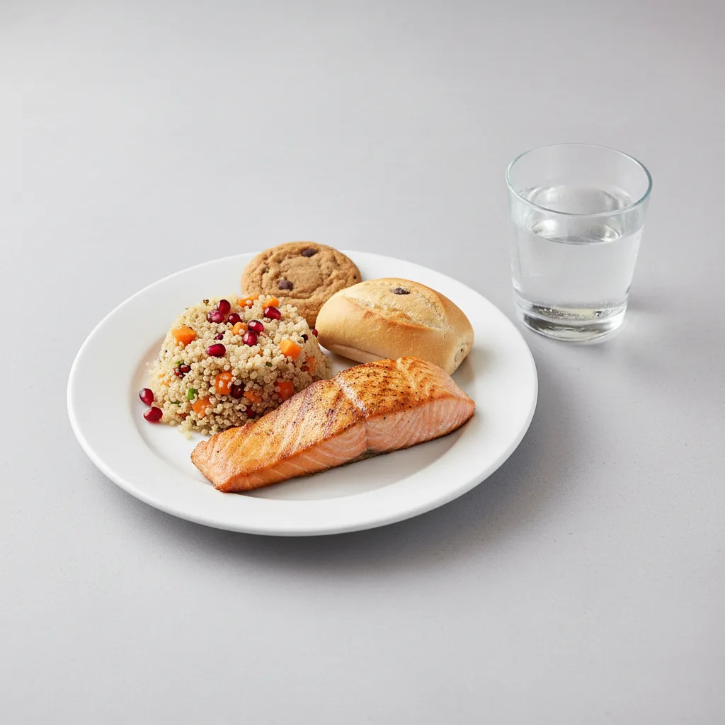 Grilled Salmon, Quinoa, Cookie, Water Grilled Salmon, Quinoa, Cookie, Water