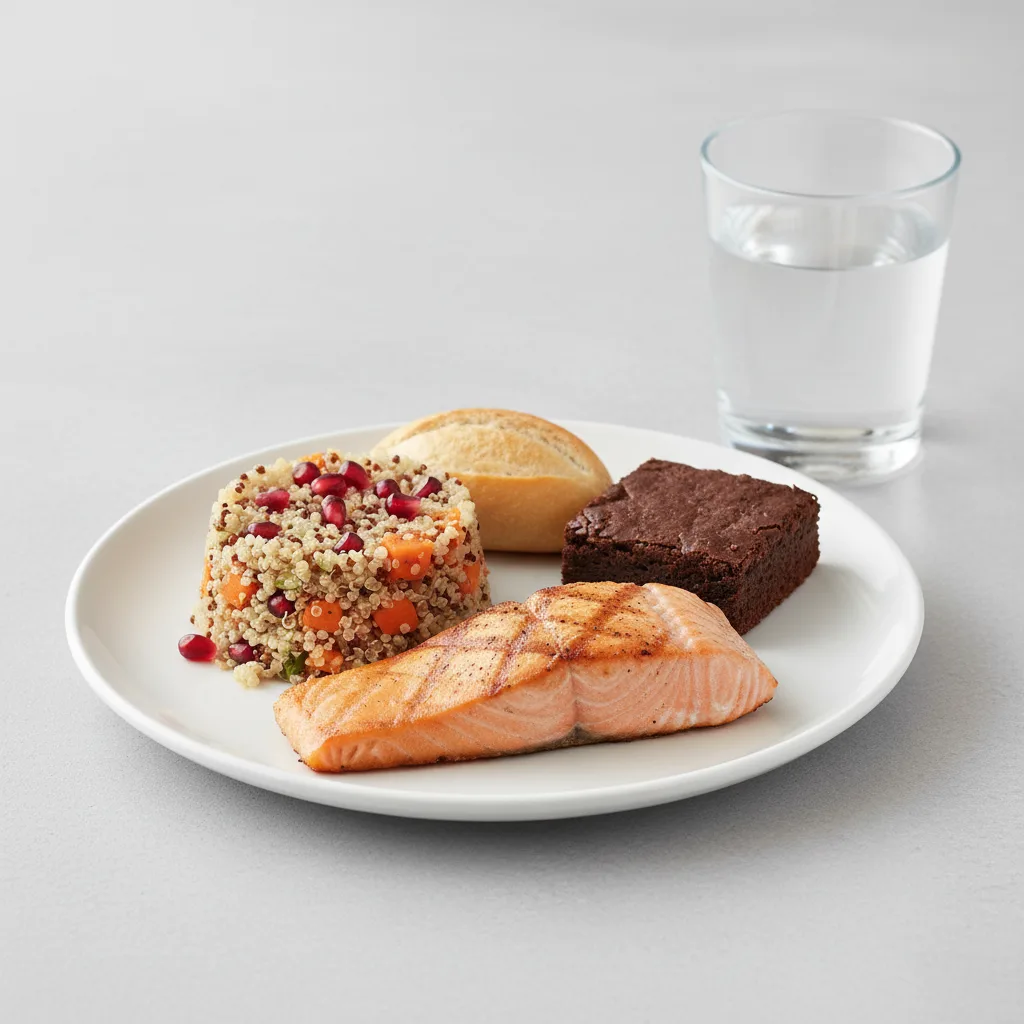 Grilled Salmon, Quinoa, Brownie, Water Grilled Salmon, Quinoa, Brownie, Water