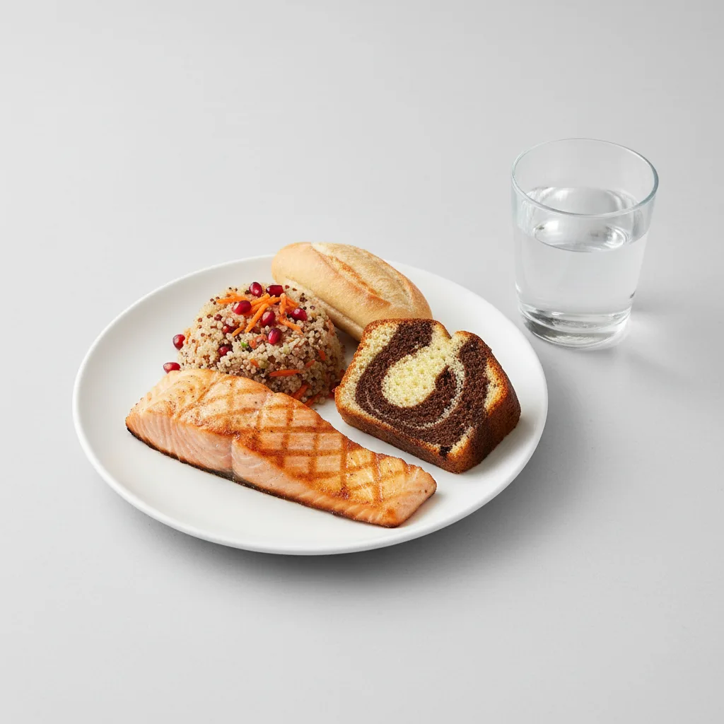 Grilled Salmon, Quinoa, Poundcake, Water Grilled Salmon, Quinoa, Poundcake, Water