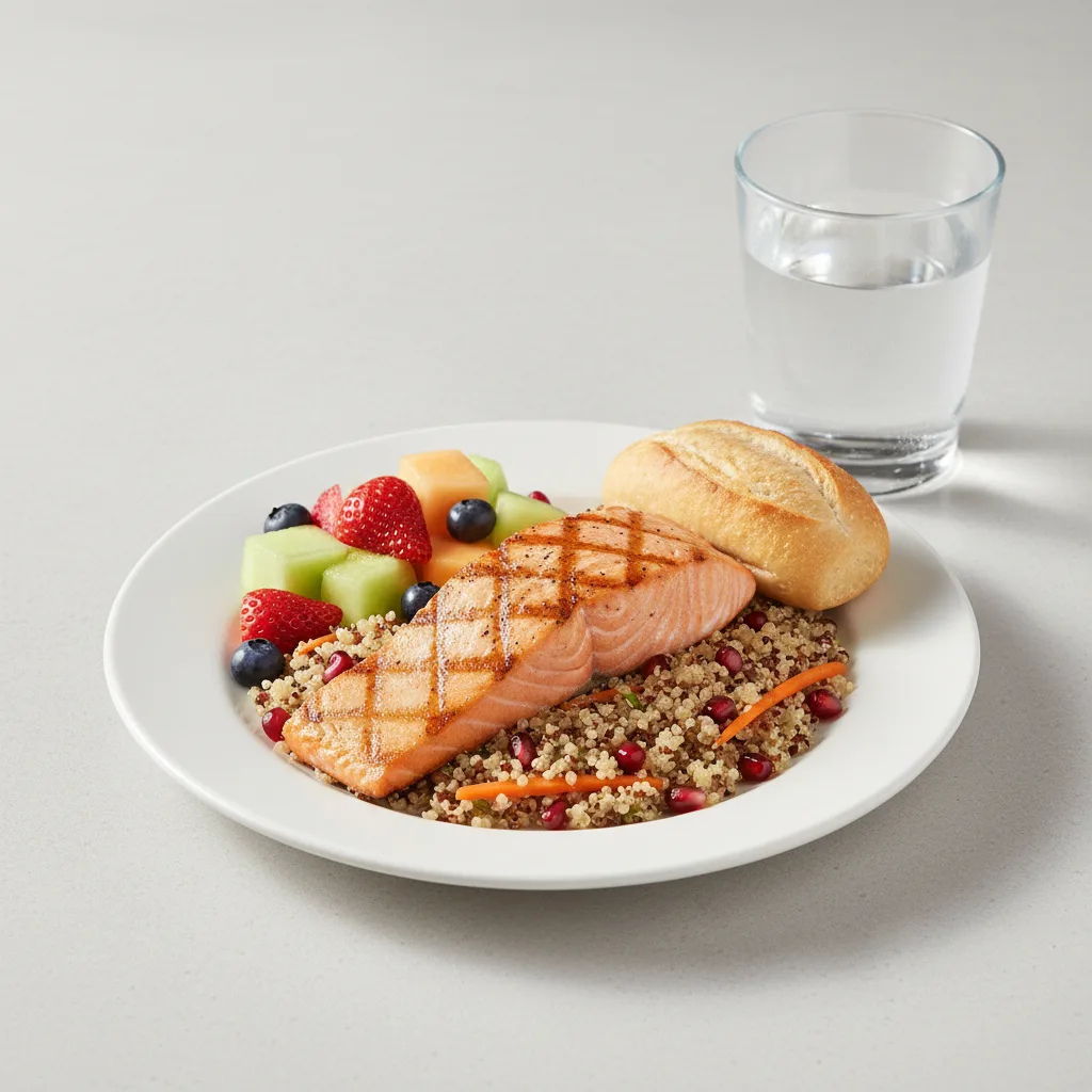 Grilled Salmon, Quinoa, Fruit, Water Grilled Salmon, Quinoa, Fruit, Water