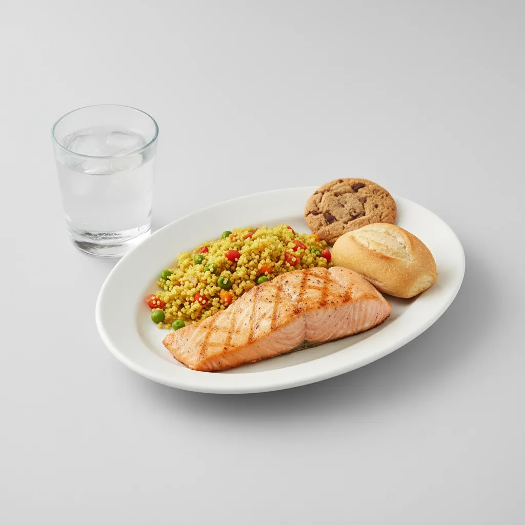 Grilled Salmon, Curried Vegetable Couscous, Cookie, Water Grilled Salmon, Curried Vegetable Couscous, Cookie, Water