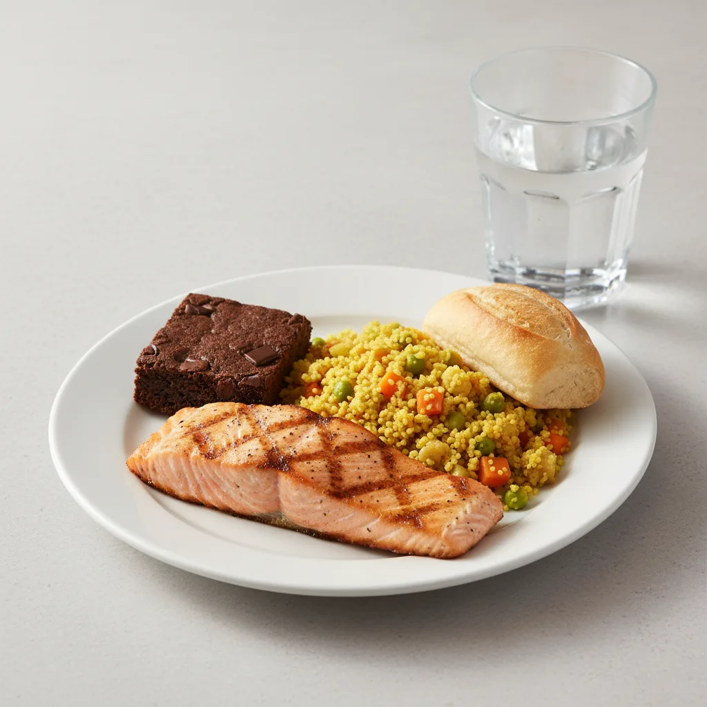 Grilled Salmon, Curried Vegetable Couscous, Brownie, Water Grilled Salmon, Curried Vegetable Couscous, Brownie, Water