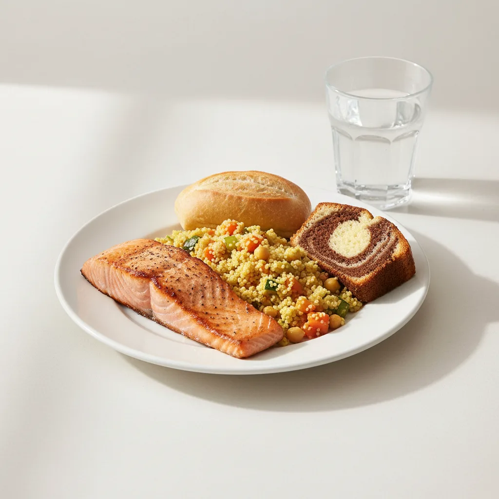 Grilled Salmon, Curried Vegetable Couscous, Poundcake, Water Grilled Salmon, Curried Vegetable Couscous, Poundcake, Water