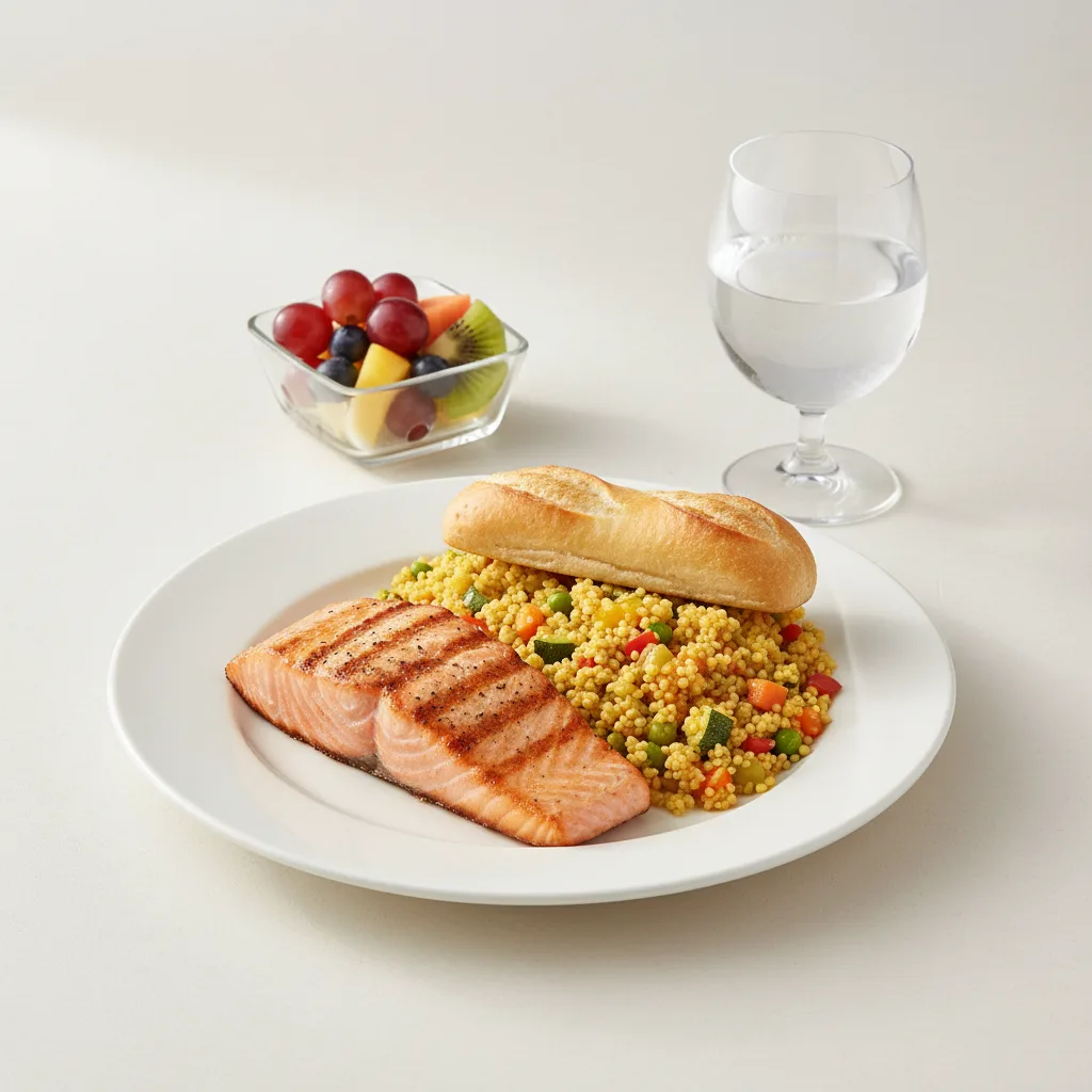 Grilled Salmon, Curried Vegetable Couscous, Fruit, Water Grilled Salmon, Curried Vegetable Couscous, Fruit, Water