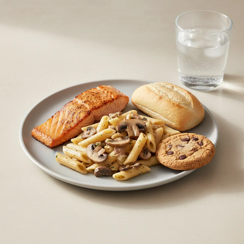 Grilled Salmon, Penne with Mushroom, Cookie, Water Grilled Salmon, Penne with Mushroom, Cookie, Water