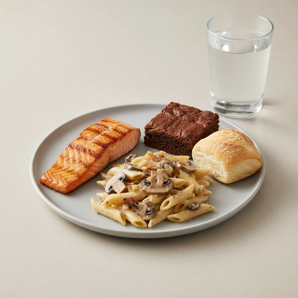 Grilled Salmon, Penne with Mushroom, Brownie, Water Grilled Salmon, Penne with Mushroom, Brownie, Water