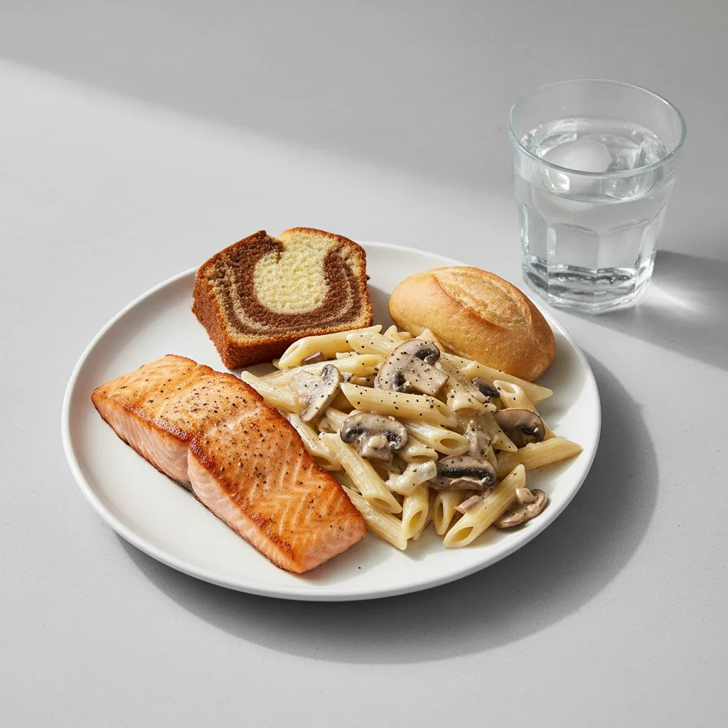Grilled Salmon, Penne with Mushroom, Poundcake, Water Grilled Salmon, Penne with Mushroom, Poundcake, Water