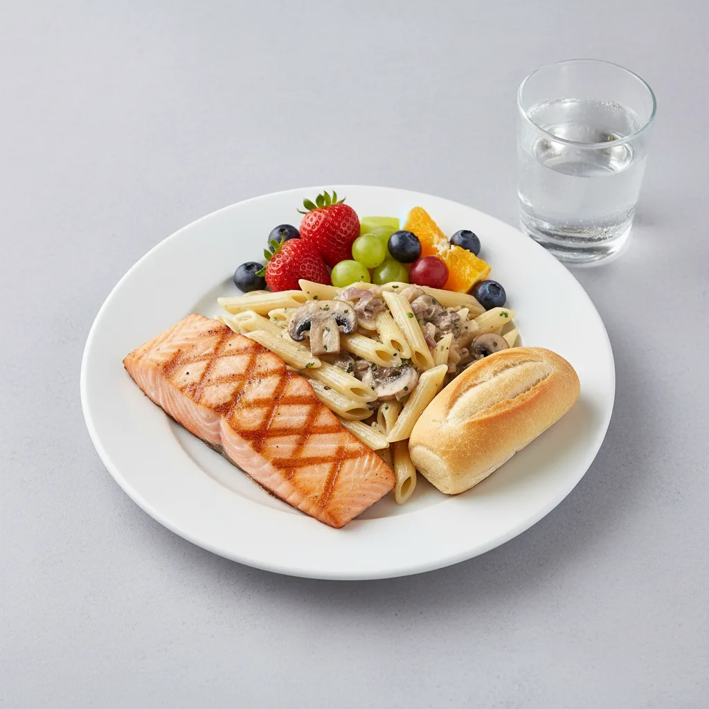 Grilled Salmon, Penne with Mushroom, Fruit, Water Grilled Salmon, Penne with Mushroom, Fruit, Water