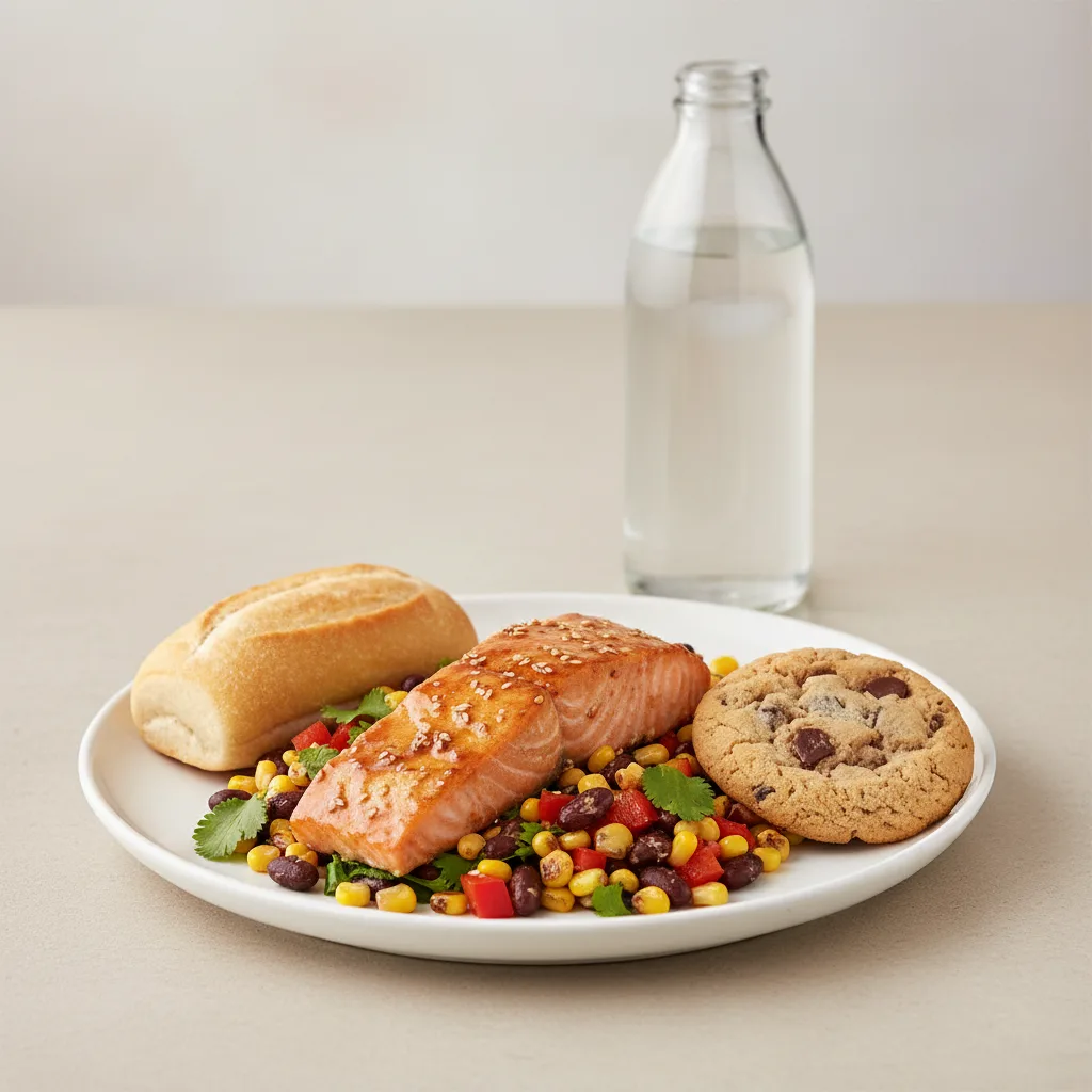 Asian Salmon, Corn and Black Bean Salad, Cookie, Water Asian Salmon, Corn and Black Bean Salad, Cookie, Water