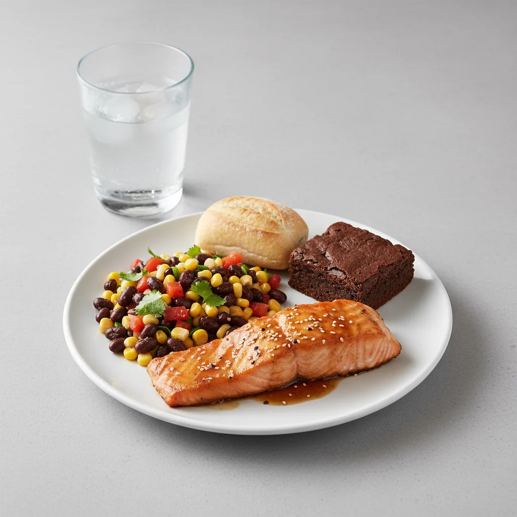 Asian Salmon, Corn and Black Bean Salad, Brownie, Water Asian Salmon, Corn and Black Bean Salad, Brownie, Water