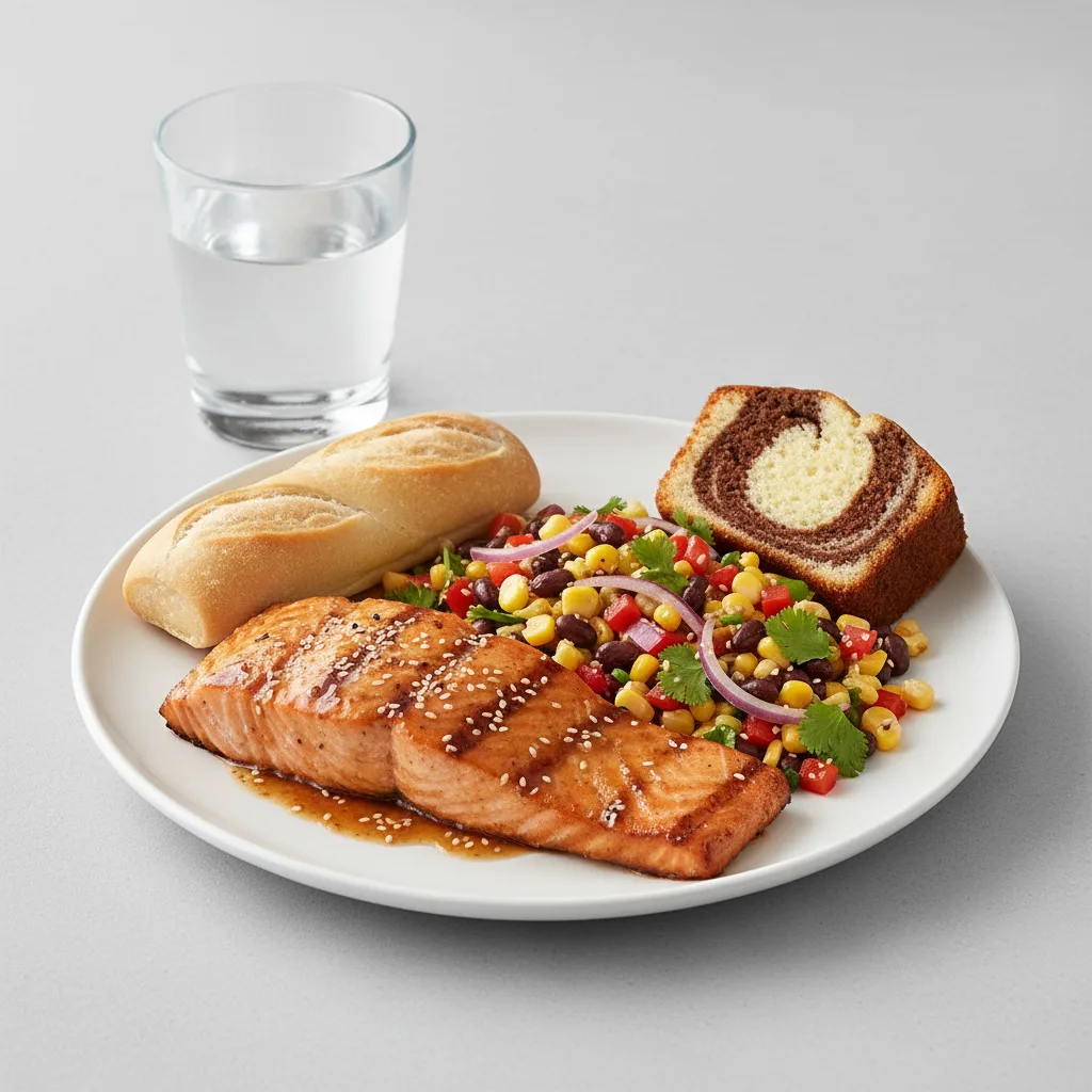 Asian Salmon, Corn and Black Bean Salad, Poundcake, Water Asian Salmon, Corn and Black Bean Salad, Poundcake, Water