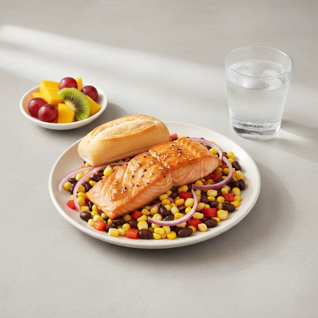 Asian Salmon, Corn and Black Bean Salad, Fruit, Water Asian Salmon, Corn and Black Bean Salad, Fruit, Water