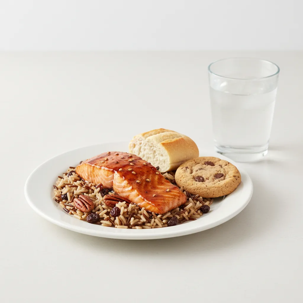 Asian Salmon, Wild Rice with Pecans, Cookie, Water Asian Salmon, Wild Rice with Pecans, Cookie, Water