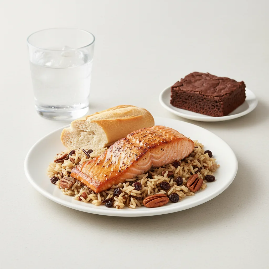 Asian Salmon, Wild Rice with Pecans, Brownie, Water Asian Salmon, Wild Rice with Pecans, Brownie, Water