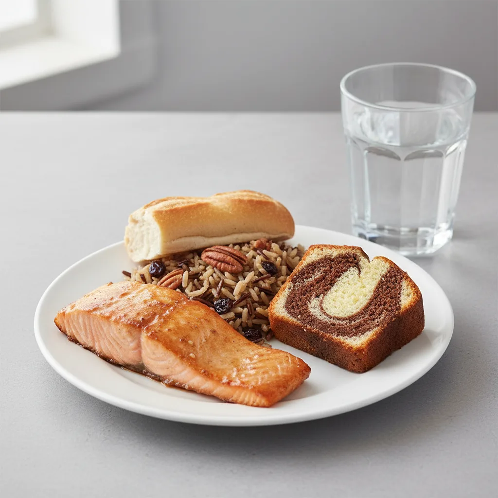 Asian Salmon, Wild Rice with Pecans, Poundcake, Water Asian Salmon, Wild Rice with Pecans, Poundcake, Water
