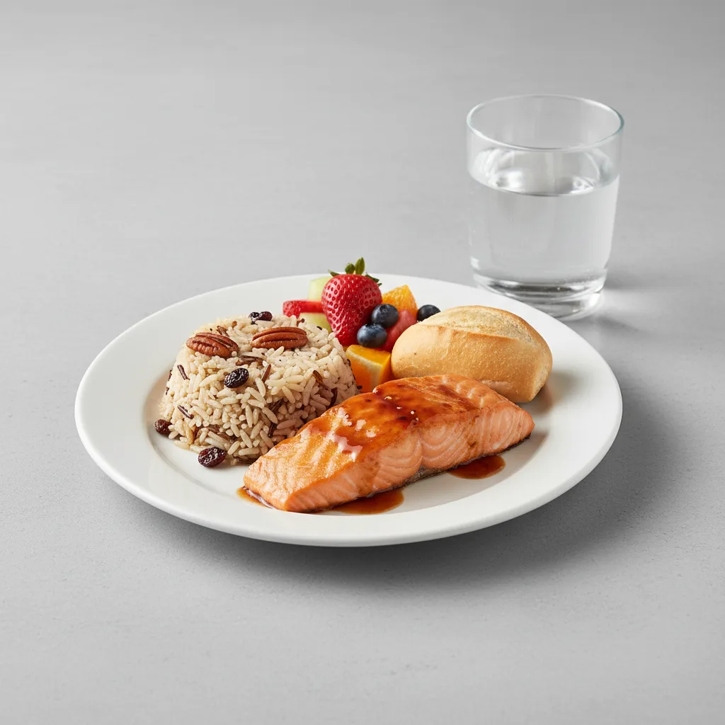 Asian Salmon, Wild Rice with Pecans, Fruit, Water Asian Salmon, Wild Rice with Pecans, Fruit, Water