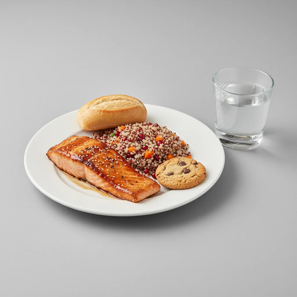 Asian Salmon, Quinoa, Cookie, Water Asian Salmon, Quinoa, Cookie, Water