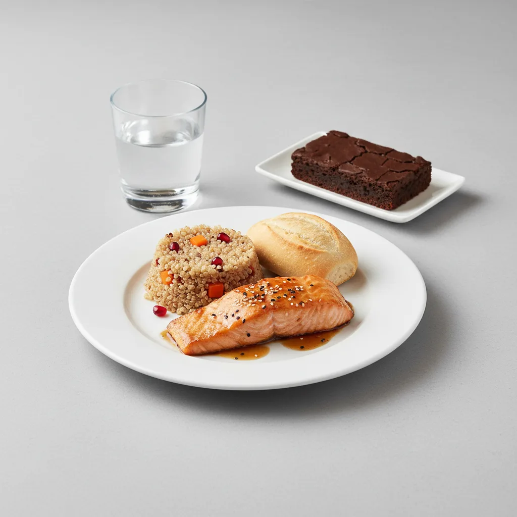 Asian Salmon, Quinoa, Brownie, Water Asian Salmon, Quinoa, Brownie, Water