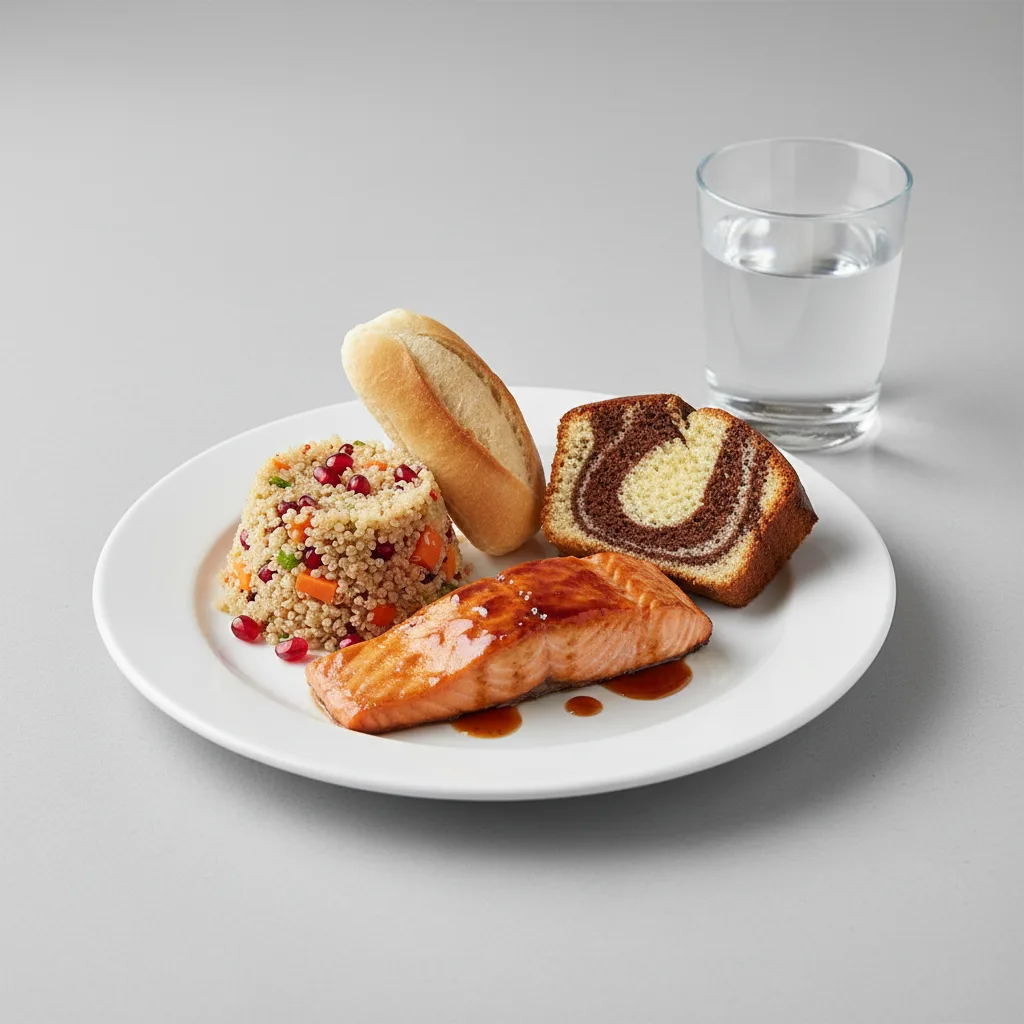 Asian Salmon, Quinoa, Poundcake, Water Asian Salmon, Quinoa, Poundcake, Water