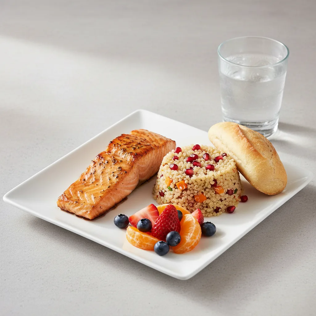 Asian Salmon, Quinoa, Fruit, Water Asian Salmon, Quinoa, Fruit, Water