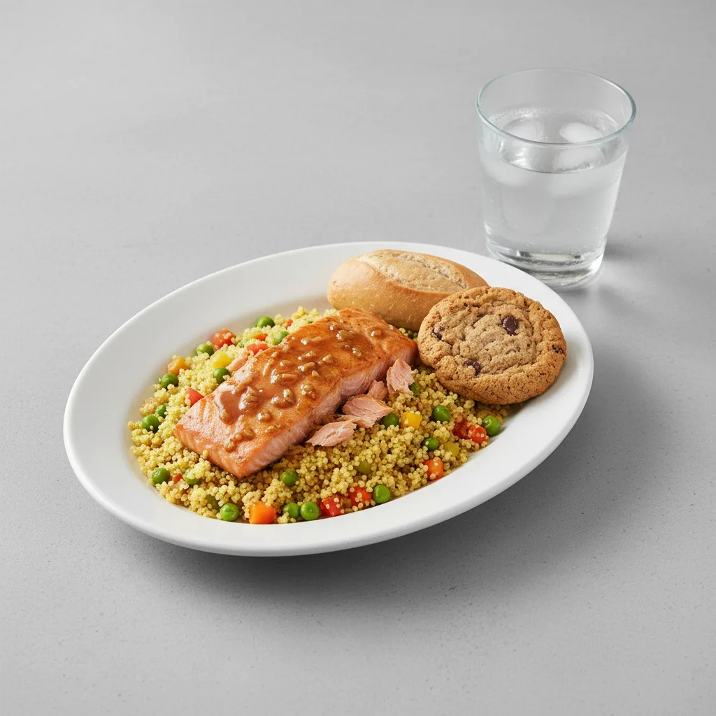Asian Salmon, Curried Vegetable Couscous, Cookie, Water Asian Salmon, Curried Vegetable Couscous, Cookie, Water