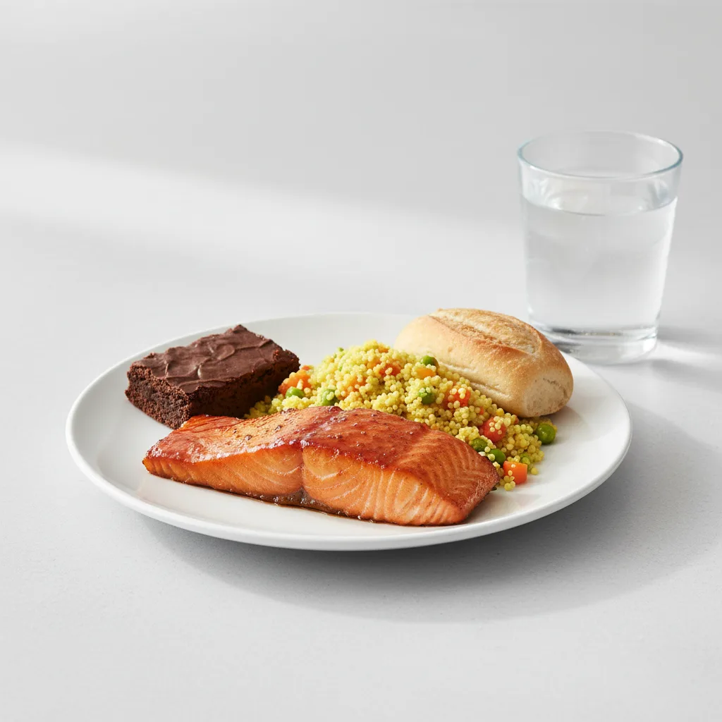 Asian Salmon, Curried Vegetable Couscous, Brownie, Water Asian Salmon, Curried Vegetable Couscous, Brownie, Water