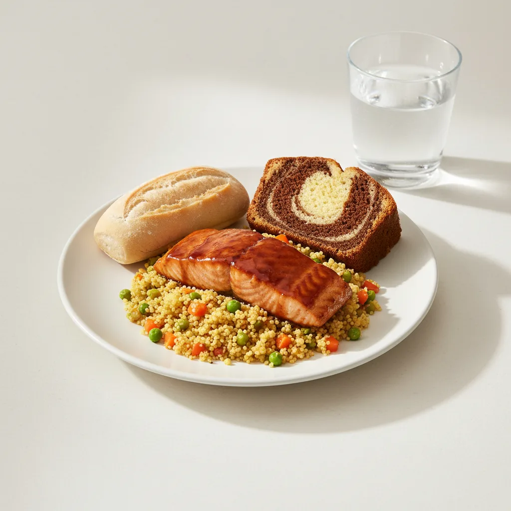 Asian Salmon, Curried Vegetable Couscous, Poundcake, Water Asian Salmon, Curried Vegetable Couscous, Poundcake, Water