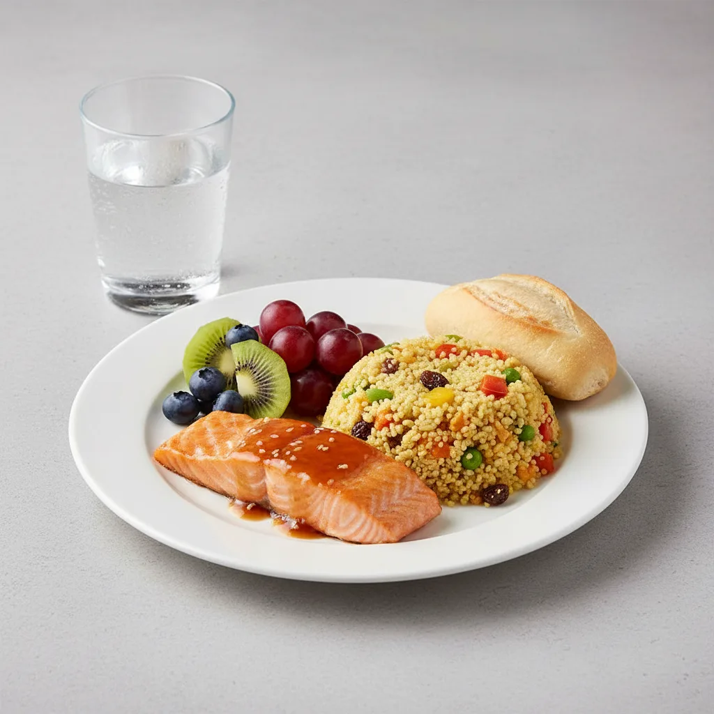 Asian Salmon, Curried Vegetable Couscous, Fruit, Water Asian Salmon, Curried Vegetable Couscous, Fruit, Water