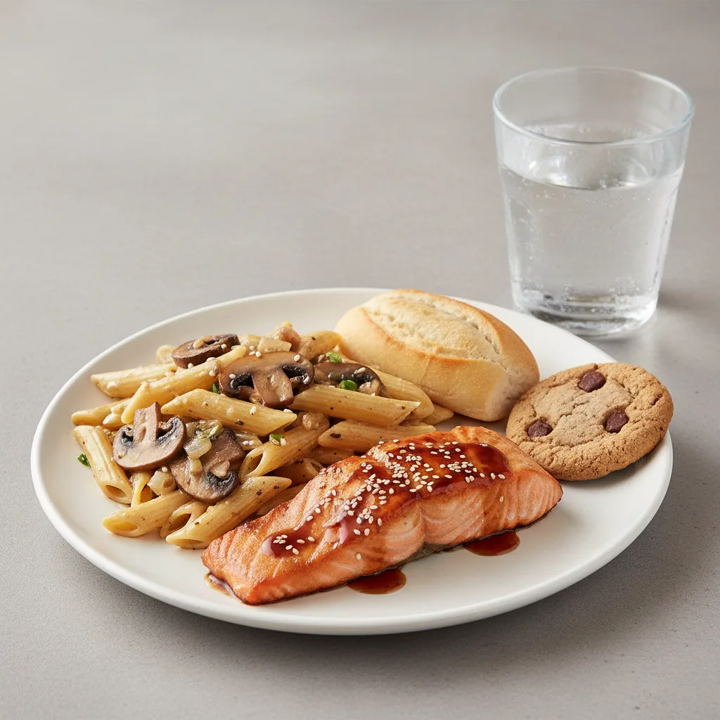 Asian Salmon, Penne with Mushroom, Cookie, Water Asian Salmon, Penne with Mushroom, Cookie, Water