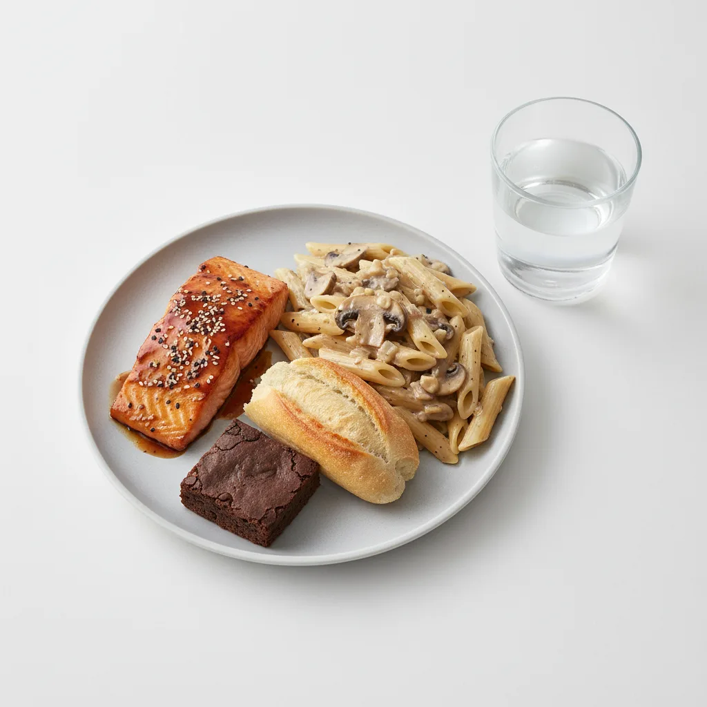 Asian Salmon, Penne with Mushroom, Brownie, Water Asian Salmon, Penne with Mushroom, Brownie, Water