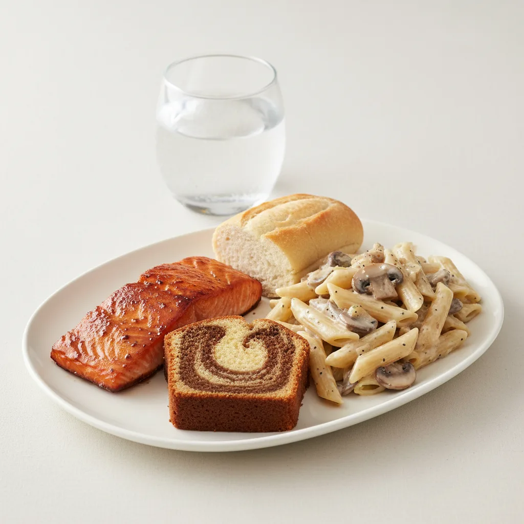 Asian Salmon, Penne with Mushroom, Poundcake, Water Asian Salmon, Penne with Mushroom, Poundcake, Water