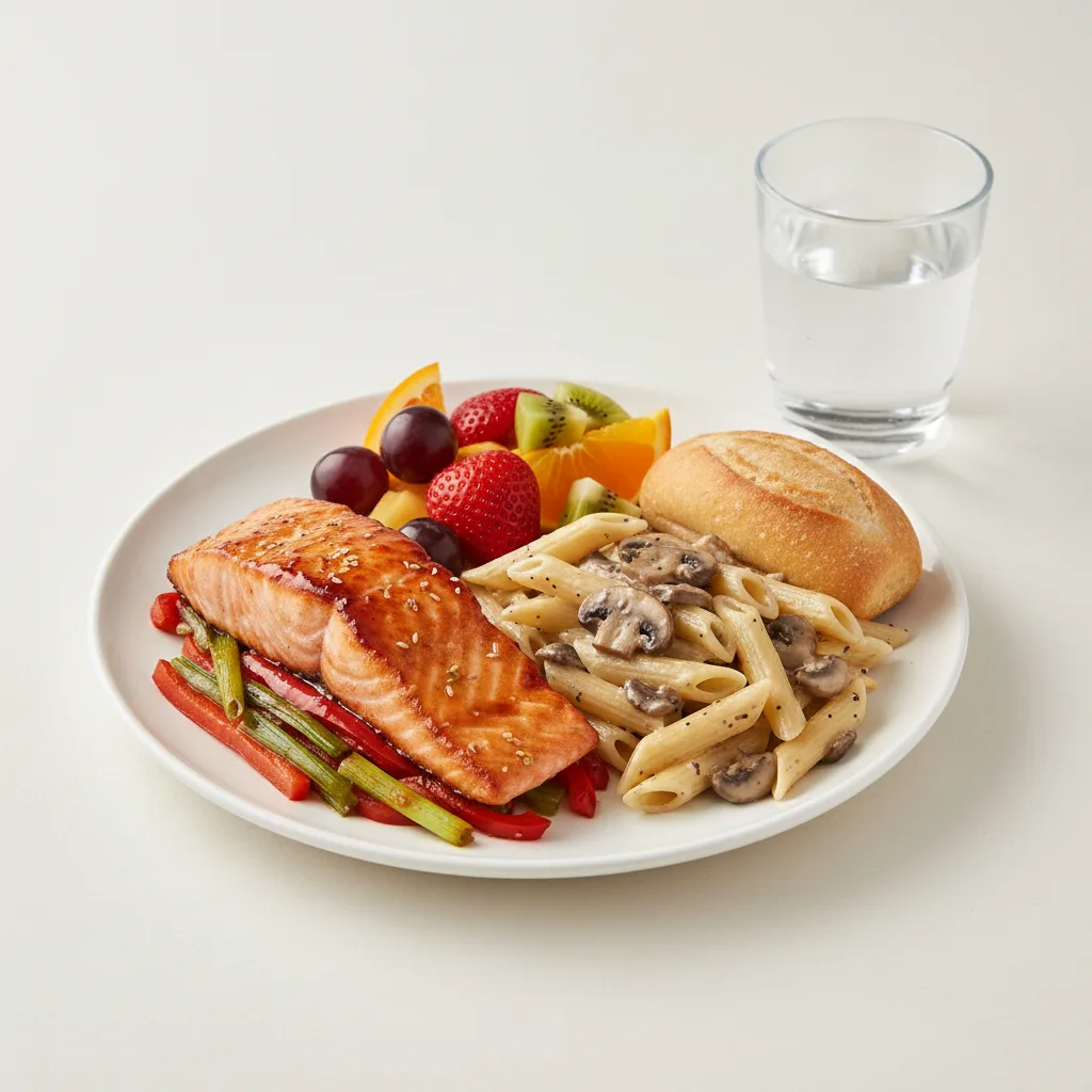 Asian Salmon, Penne with Mushroom, Fruit, Water Asian Salmon, Penne with Mushroom, Fruit, Water