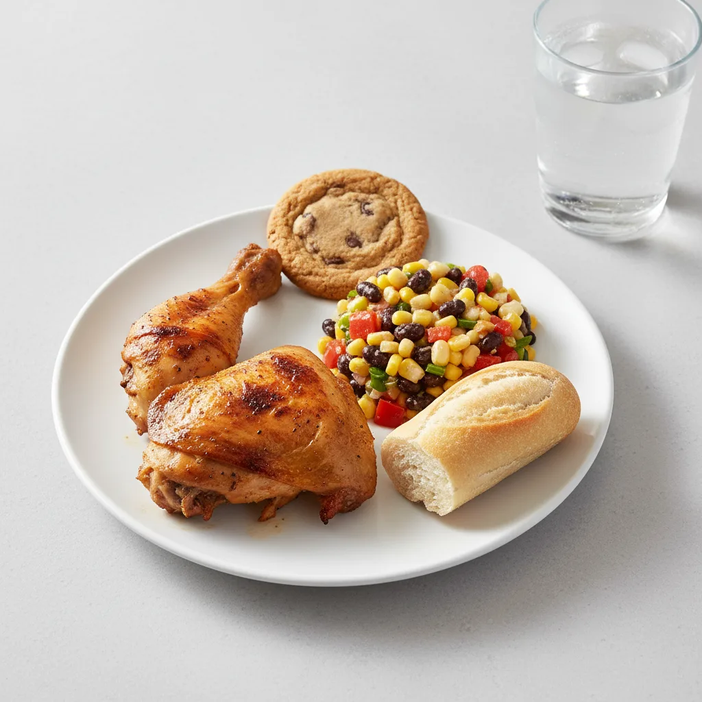 Spit-roasted Chicken, Corn and Bean Salad, Cookie, Water Spit-roasted Chicken, Corn and Bean Salad, Cookie, Water