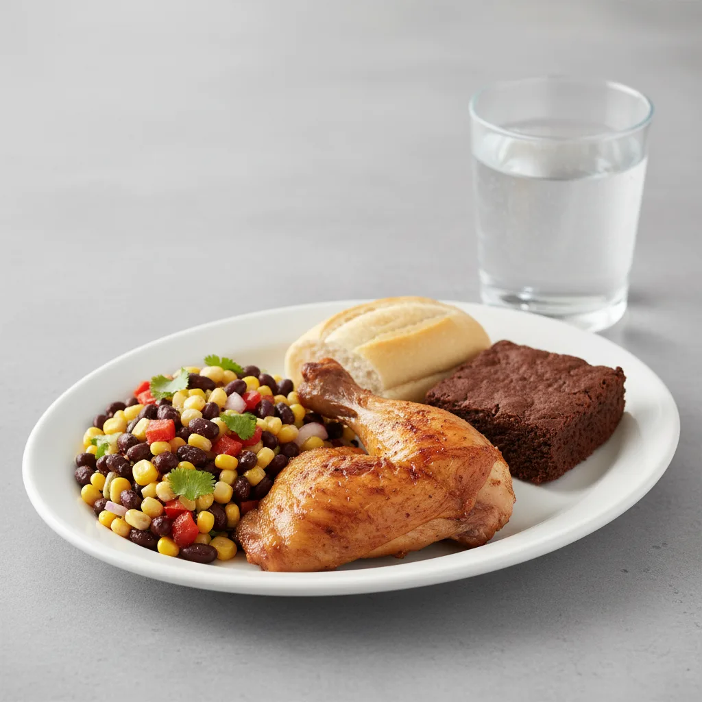 Spit-roasted Chicken, Corn and Bean Salad, Brownie, Water Spit-roasted Chicken, Corn and Bean Salad, Brownie, Water