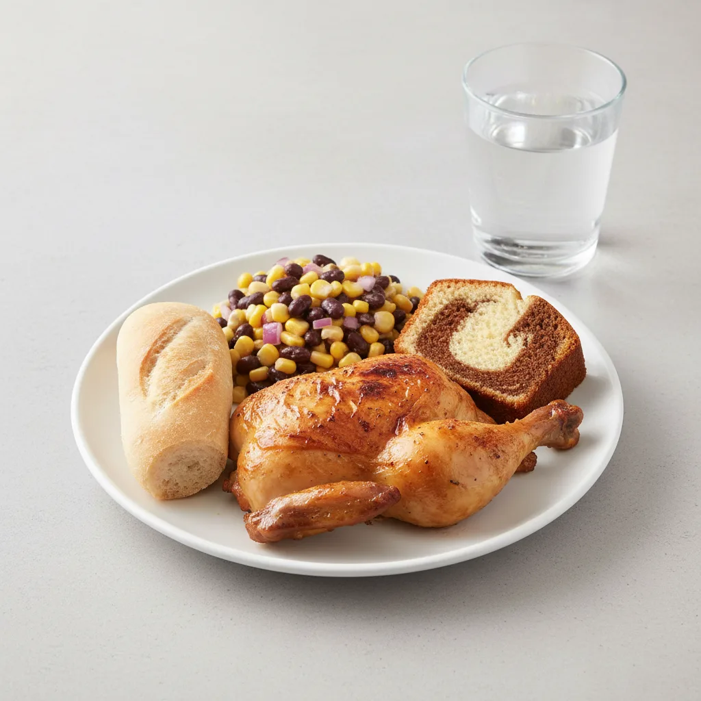 Spit-roasted Chicken, Corn and Bean Salad, Poundcake, Water Spit-roasted Chicken, Corn and Bean Salad, Poundcake, Water