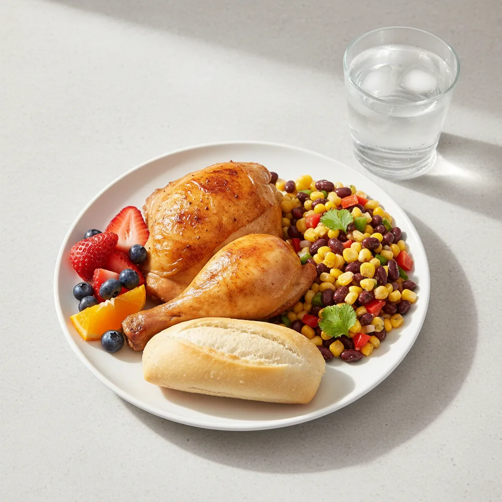 Spit-roasted Chicken, Corn and Bean Salad, Fruit, Water Spit-roasted Chicken, Corn and Bean Salad, Fruit, Water