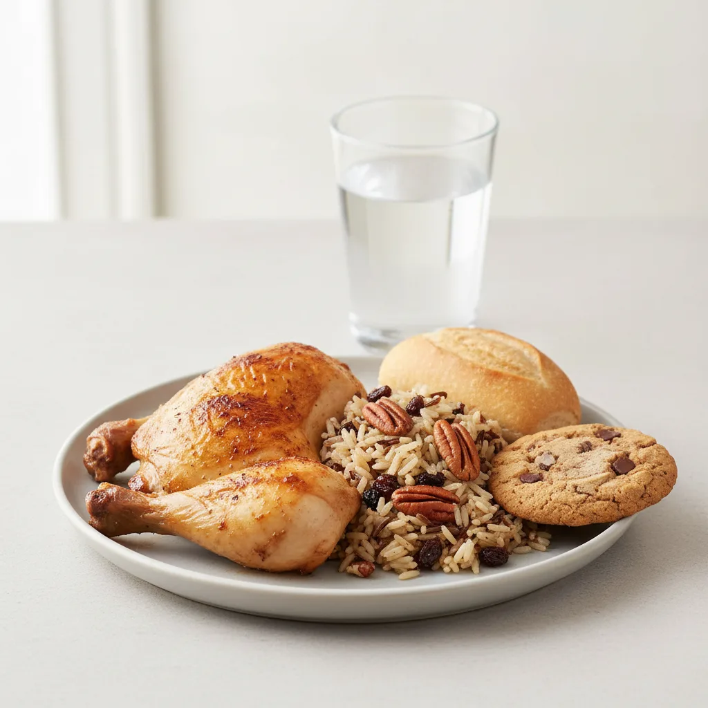 Spit-roasted Chicken, Wild Rice with Pecans, Cookie, Water Spit-roasted Chicken, Wild Rice with Pecans, Cookie, Water
