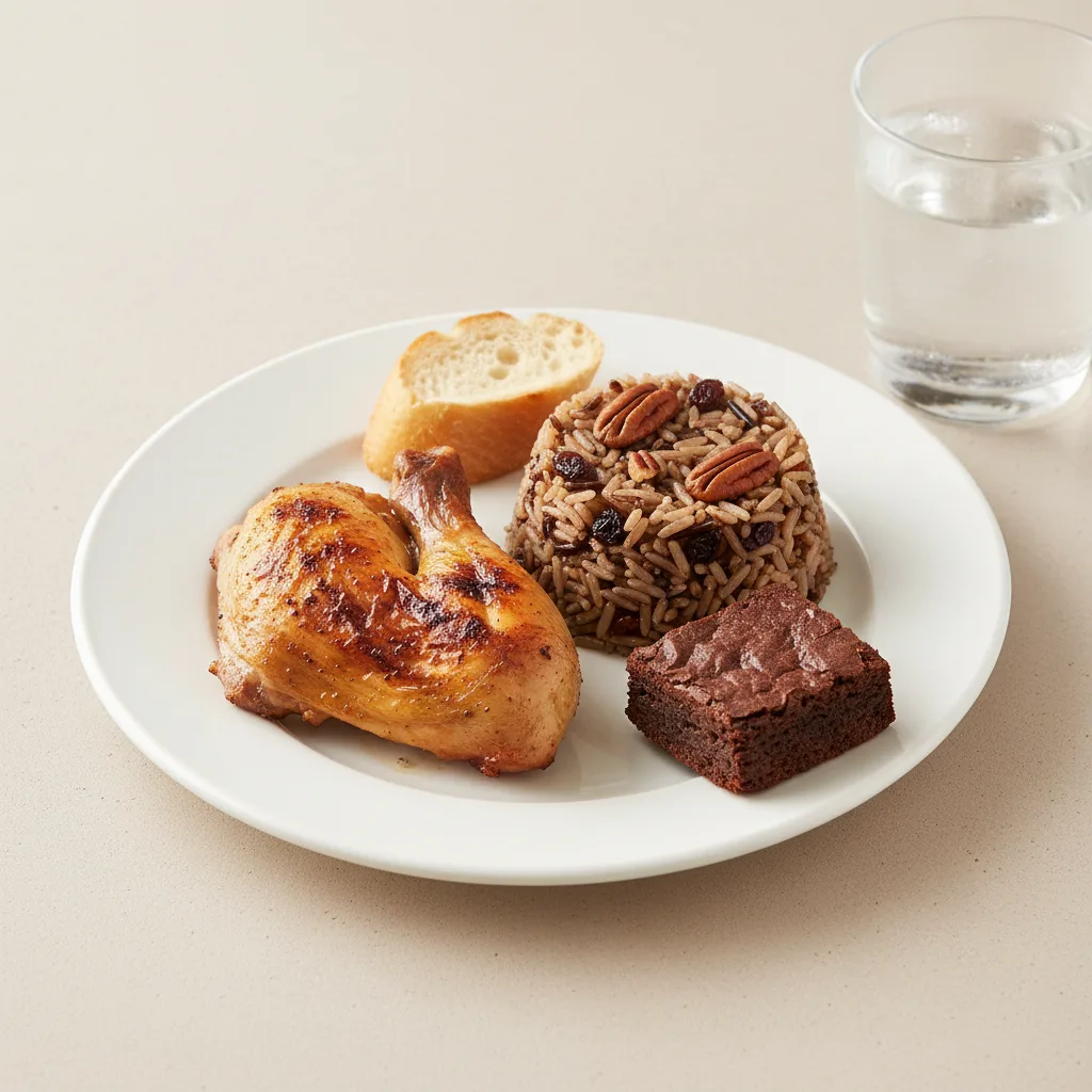 Spit-roasted Chicken, Wild Rice with Pecans, Brownie, Water Spit-roasted Chicken, Wild Rice with Pecans, Brownie, Water