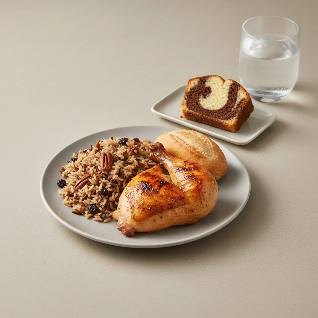 Spit-roasted Chicken, Wild Rice with Pecans, Poundcake, Water Spit-roasted Chicken, Wild Rice with Pecans, Poundcake, Water