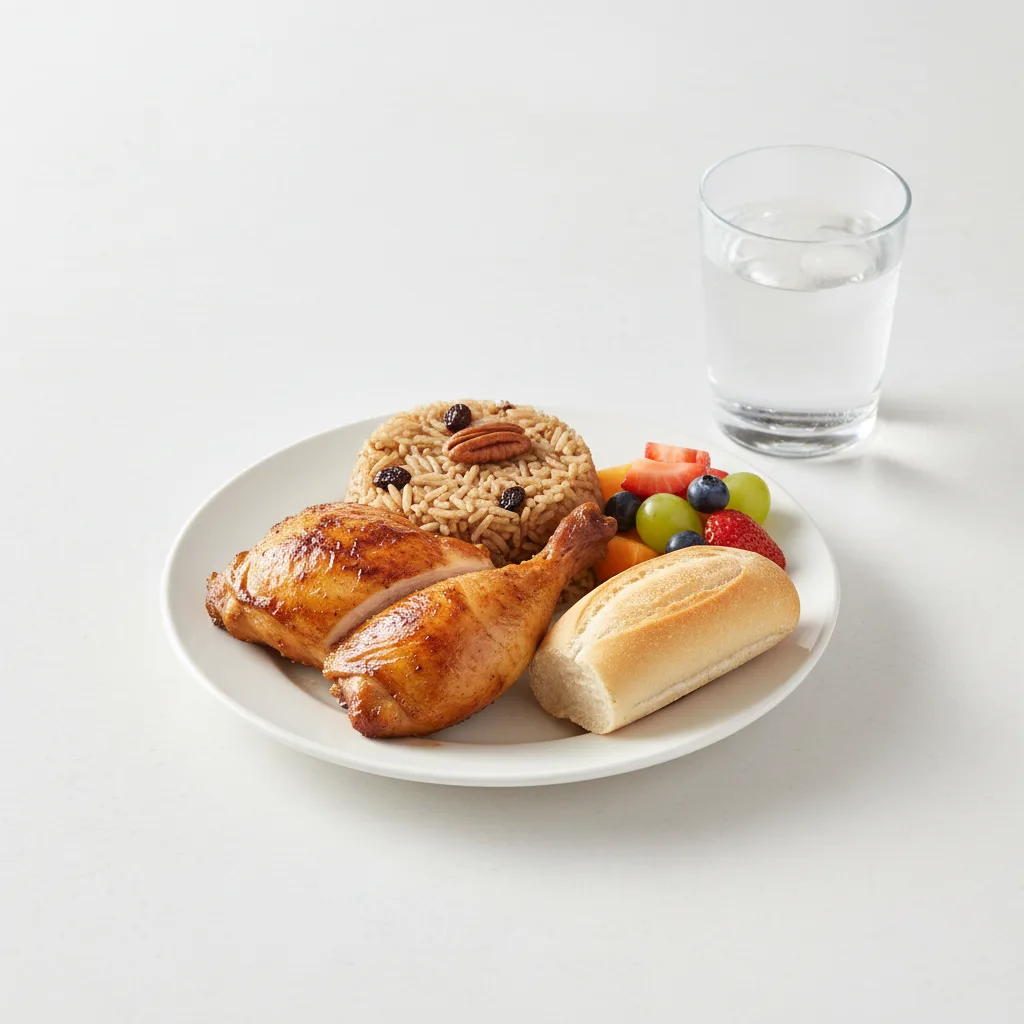 Spit-roasted Chicken, Wild Rice with Pecans, Fruit, Water Spit-roasted Chicken, Wild Rice with Pecans, Fruit, Water