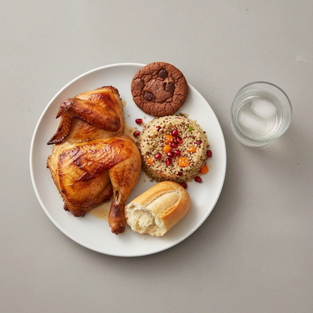Spit-roasted Chicken, Quinoa, Cookie, Water Spit-roasted Chicken, Quinoa, Cookie, Water