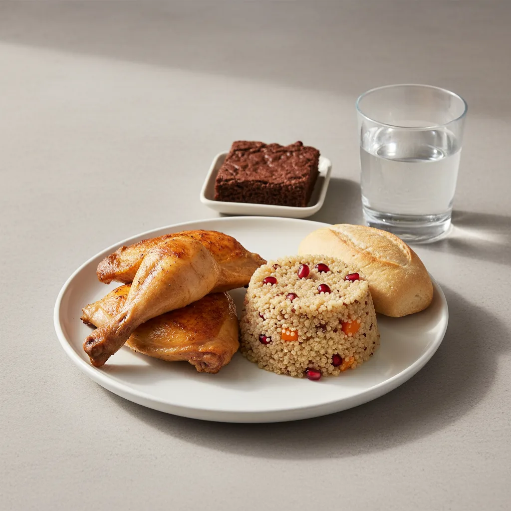 Spit-roasted Chicken, Quinoa, Brownie, Water Spit-roasted Chicken, Quinoa, Brownie, Water